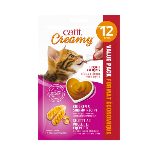 Catit Creamy cat food package with a kitten eating from a heart-shaped bowl on a white background