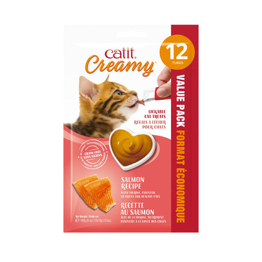 Catit Creamy cat treats packaging with a cat eating from a treat, on a white background