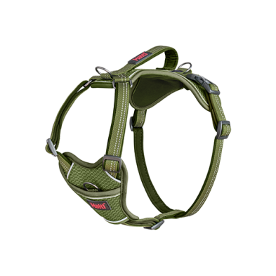 An olive green dog harness with white contrast stitching and silver metal hardware, shown on a plain white background at Harmony Pet Supplies, Scarborough.