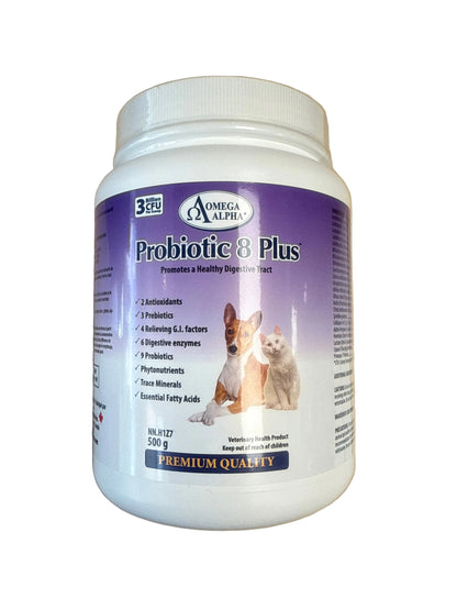 Omega alpha Probiotic 8 Plus container of 500g for pets at Harmony Pet Supplies Scarborough 