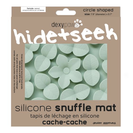 Dexypaws Circle Hide & Seek Silicone Snuffle Mat (Sage Green) package  in box on a white background at Harmony Pet Supplies, Scarborough