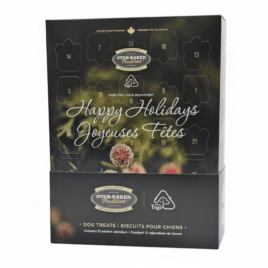 Dog treat advent calendar with 'Happy Holidays' text on a black background