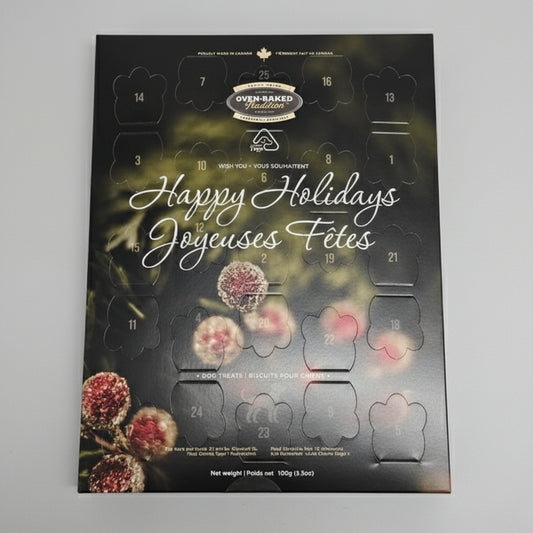 Dog treat advent calendar with festive design and visible brand name.