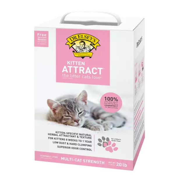 Dr.elsey's Kitten Attract litter box packaging with a kitten on a white background. Harmony Pet Supplies, Scarborough
