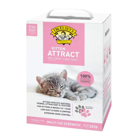 Dr.elsey's Kitten Attract litter box packaging with a kitten on a white background. Harmony Pet Supplies, Scarborough