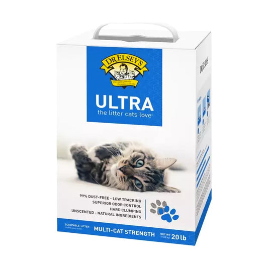 Dr. Elsey's Ultra cat litter box packaging with a cat on the front. Harmony Pet Supplies, Scarborough