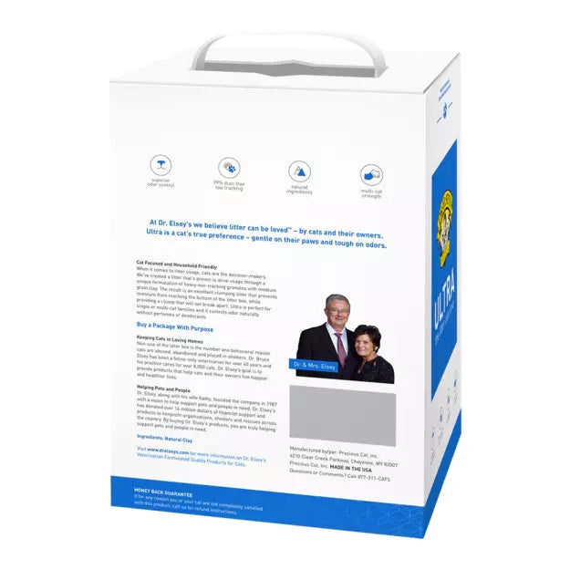 Dr. Elsey's Product Ultra Cat litter packaging box with branding and text on a white background. Harmony Pet Supplies, Scarborough