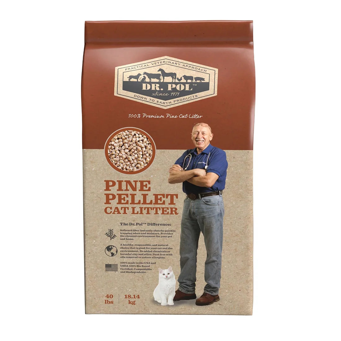 A 25 lb bag of Dr. Pol Pine Pellet Cat Litter, featuring a brown and beige design with a photo of a man and a white cat on the front at Harmony Pet Supplies, Scarborough