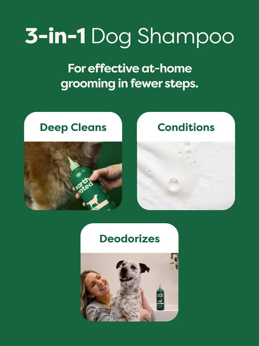 Advertisement for 3-in-1 Dog Shampoo with images of a dog being washed, conditions fur, and a woman holding a dog.