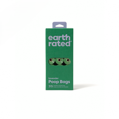 Green package of earth rated lavender poop bags on a white background at Harmony Pet Supplies, Scarborough