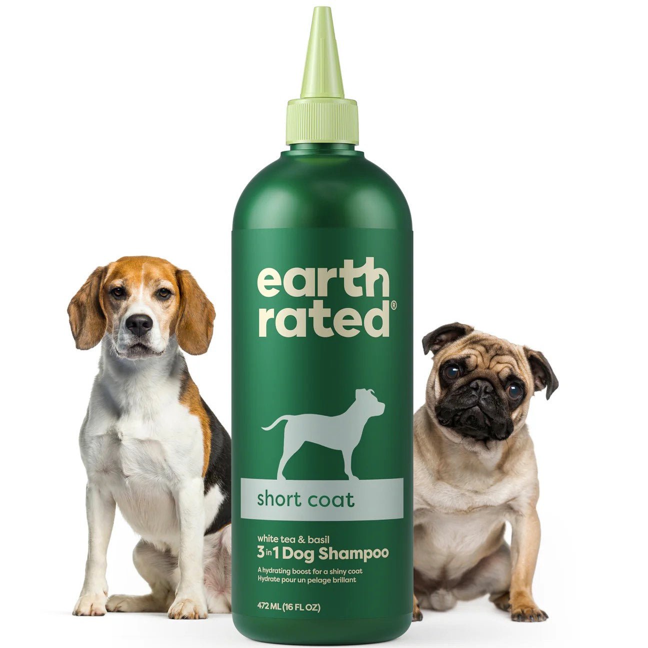 Green bottle of Earth Rated dog shampoo with two dogs on a white background