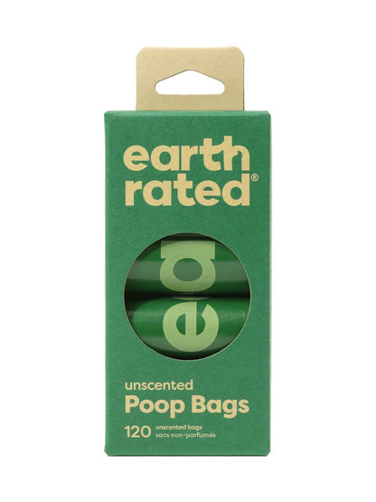 Green package of earth rated unscented poop bags 120 count with a clear window showing the product inside at Harmony Pet Supplies Scarborough