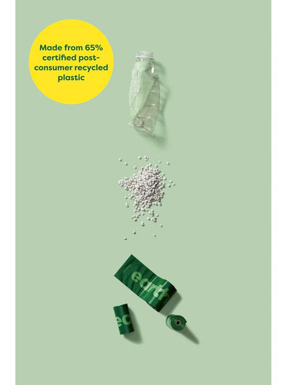 Green packaging with recycled plastic beads and a bottle on a light green background, featuring text about recycled content of earth rated poop bags 120 count at Harmony Pet Supplies Scarborough.