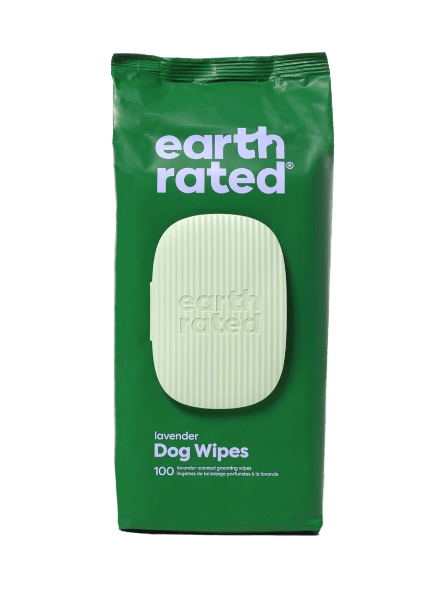 Green package of earth rated lavender dog wipes on a white background