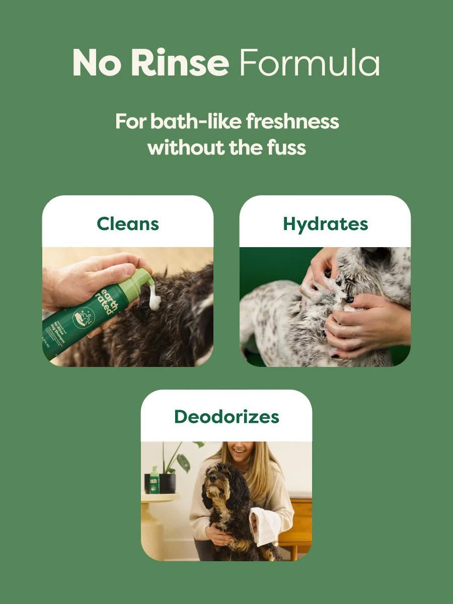 Product advertisement for a no rinse formula with images of cleaning, hydrating, and deodorizing a dog on a green background.