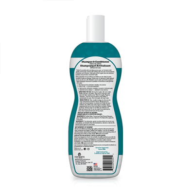 The back view of a teal and white bottle of espree 2in1 shampoo and conditioner, showing the detailed product instructions and text on the label, set against a plain white background at Harmony Pet Supplies, Scarborough.