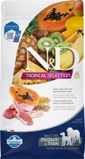 N&D Tropical Selection dog food packaging with fruits and text on a white background at Harmony Pet Supplies Scarborough