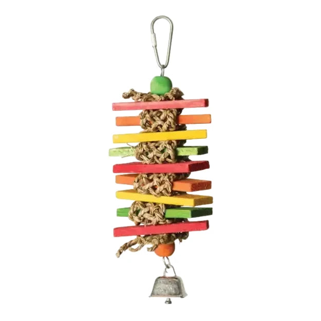 A colorful bird toy with stacked wooden bars in red, orange, yellow, green, and pink, wrapped in natural rope, a metal carabiner at the top, and a small bell at the bottom at Harmony Pet Supplies, Scarborough