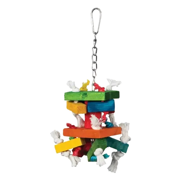 A colorful bird toy made of stacked wooden blocks and hanging rope pieces, suspended from a metal chain at Harmony Pet Supplies, Scarborough