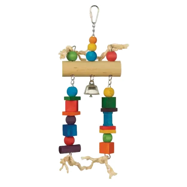 A colorful bird toy hanging from a wooden dowel with a metal carabiner at the top. The toy includes multicolored wooden beads, blocks, a small bell, and natural rope ends, at Harmony Pet Supplies, Scarborough