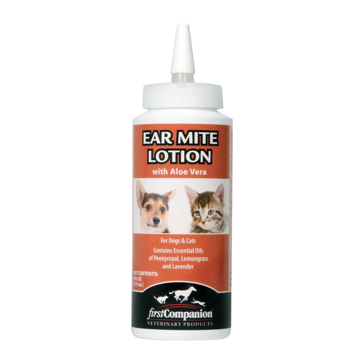 FirstCompanion Ear mite lotion bottle with images of a dog and a cat on the label at Harmony Pet Supplies Scarborough