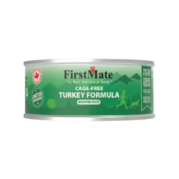 Can of FirstMate cage-free turkey formula pet food on a white background at Harmony Pet Supplies, Scarborough