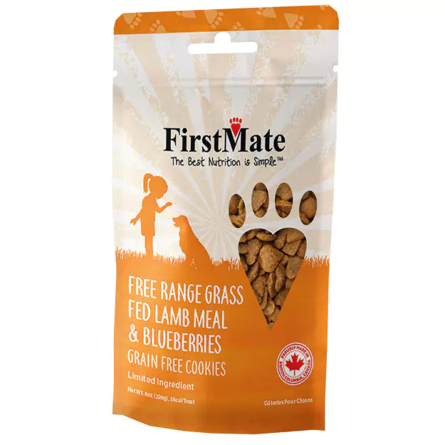 A package of FirstMate dog treats with lamb and blueberries, featuring a heart-shaped design, and labeling that highlights the use of free-range grass-fed lamb and blueberries. Free delivery from Harmony Pet Supplies in Scarborough, Pickering, Ajax, Whitby and North York.