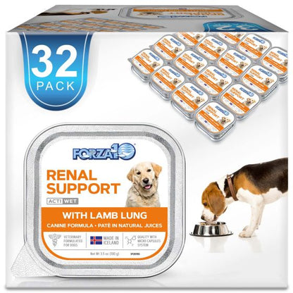 Forza 10 32-pack of wet renal support dog food in tray-style containers, featuring lamb lung flavor. The packaging shows a large front tray, a row of smaller trays behind it, and a dog eating from a bowl on the front. At Harmony Pet Supplies, Scarborough