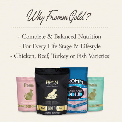 Fromm Gold pet food packages on a light background with promotional text.