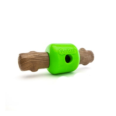 Guru Spin stick Green dog toy with wooden texture on a white background at Harmony Pet Supplies Scarborough