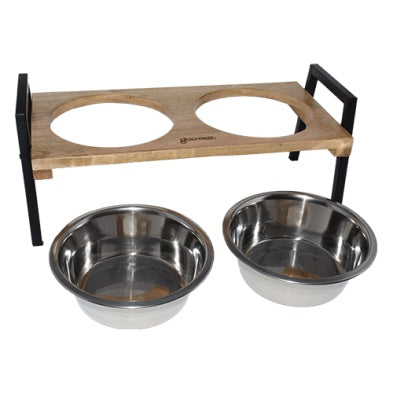 Goo-eez Dog food and water bowls with a wooden stand on a white background at Harmony Pet Supplies Scarborough