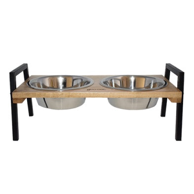 Goo-eez Double stainless steel pet bowl set on a wooden stand with black metal legs against a white background at Harmony Pet Supplies Scarborough
