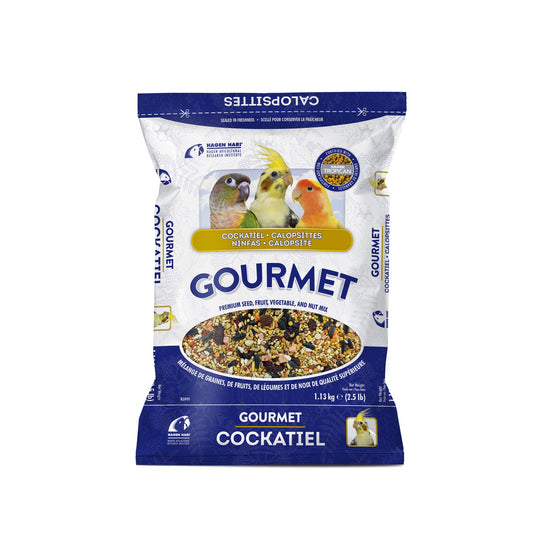 Bag of Gourmet Cockatiel bird food on a white background Front