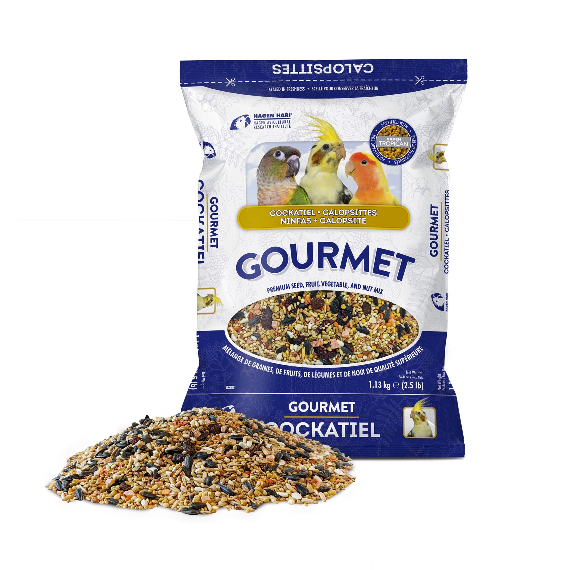 Gourmet bird food package for cockatiels with bird illustrations on a white background