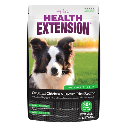 A package of Health Extension Original Chicken & Brown Rice Recipe dry dog food with a picture of a dog on the front.