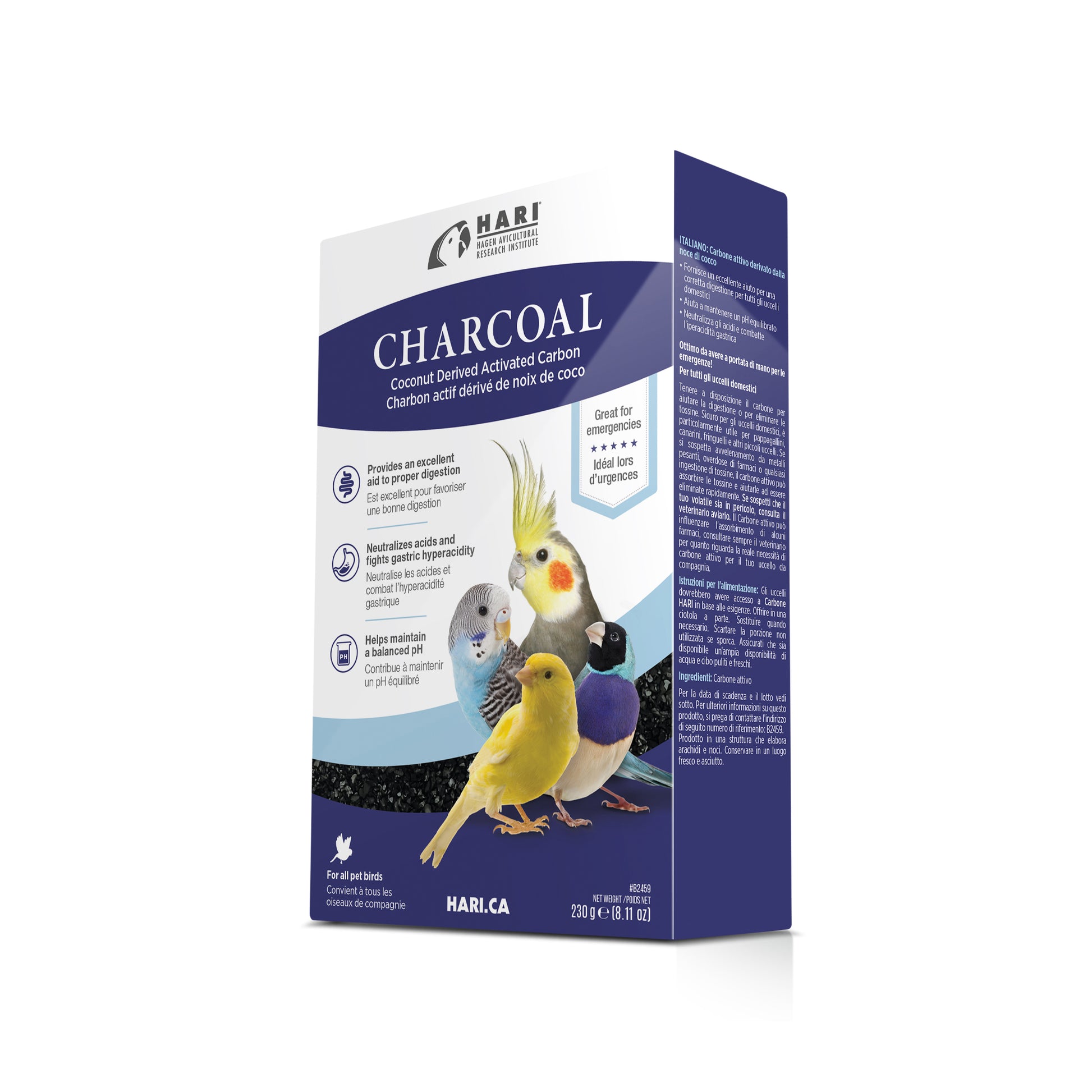 Hari Charcoal packaging for birds on a white background at Harmony Pet Supplies Scarborough.
