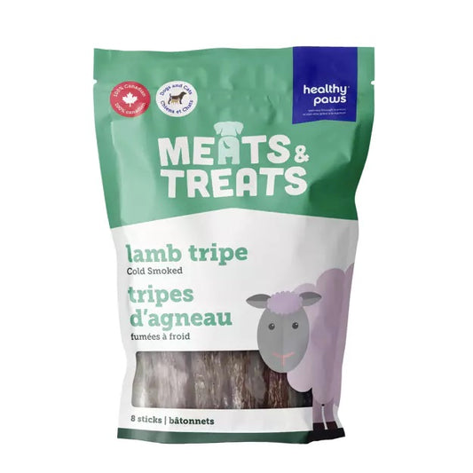 Package of Healthy Paws Meats & Treats lamb tripe for dogs on a white background at Harmony Pet Supplies Scarborough