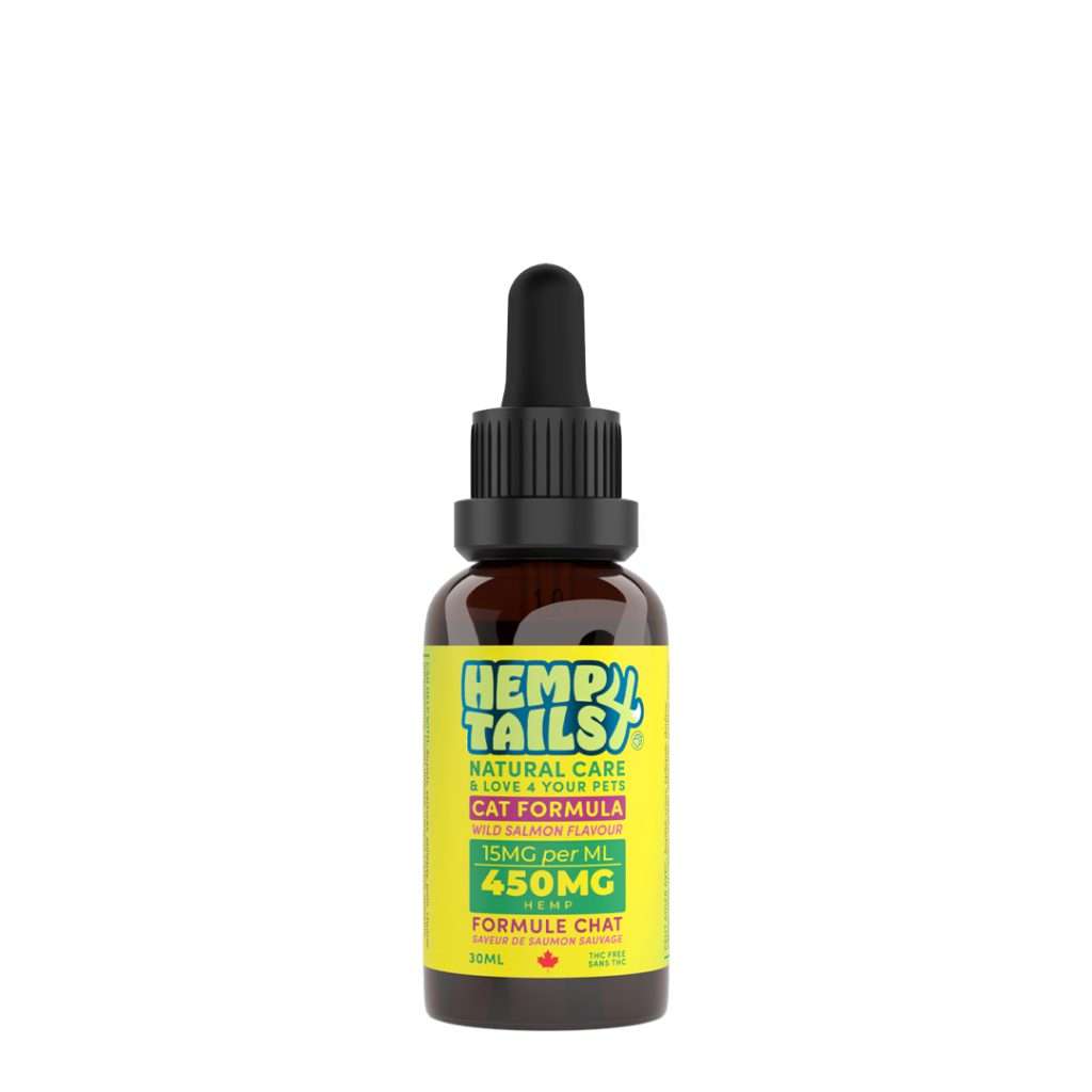 A bottle of Hemp4Paws pet supplement for cats with a dropper, displaying information such as '15mg Hemp per mL' and '450mg Formula Cat'.