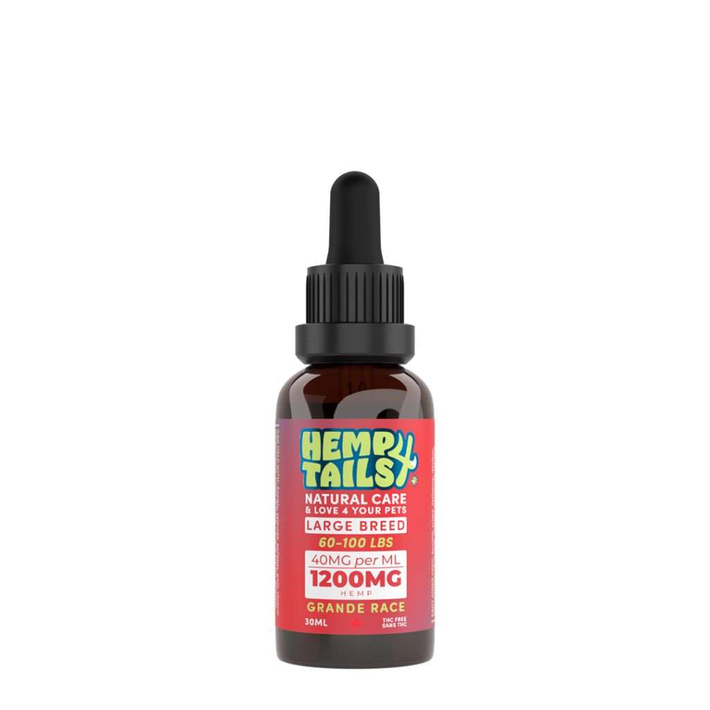 A bottle of Hemp 4 Paws pet supplement with a dropper, in orange and green label, indicating 1200mg concentration.