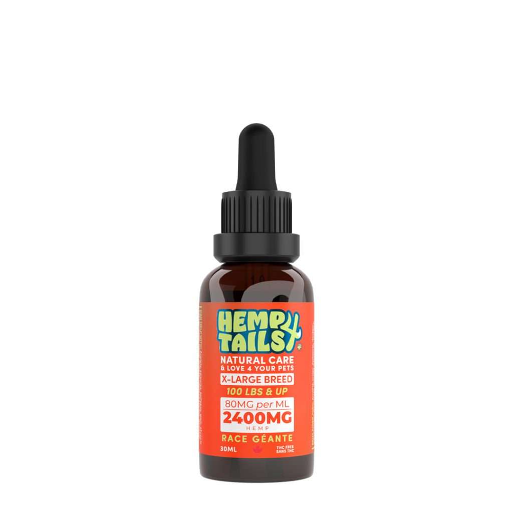 A bottle of Hemp 4 Paws pet supplement with a dropper, in orange and green label, indicating 1200mg concentration.