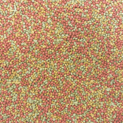 Colorful textured material with pink, green, and yellow bird food of Higgins complete and balanced paraeet food at Harmony Pet Supplies, Scarborough