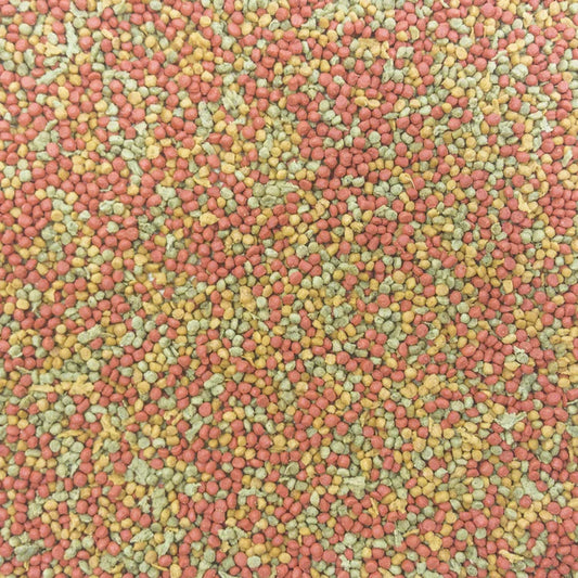 Colorful textured material with pink, green, and yellow bird food of Higgins complete and balanced paraeet food at Harmony Pet Supplies, Scarborough