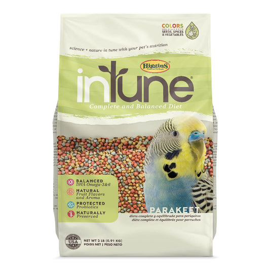 Package of Higgins inTune Parakeet food with a parakeet illustration on a white background at Harmony Pet Supplies, Scarborough