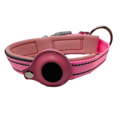 Pink dog collar with a black button on a white background