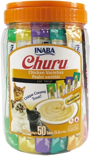 INABA Churu cat treat jar with colorful labels on an orange lid