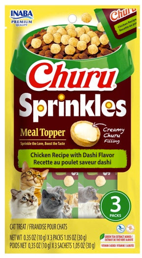 Churu Sprinkles meal topper chicken with Dashi flavor packaging for cats with images of cats and text on a yellow background at Harmony Pet Supplies Scarborough