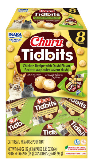 Box of Churu Tidbits cat treats with images of cats on a yellow background of chicken recipe with dashi flavor at Harmony Pet Supplies, Scarborough