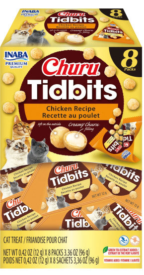 Box of 8 pack Churu Tidbits cat treats chicken recipe with images of cats on the packaging at Harmony Pet Supplies, Scarborough.