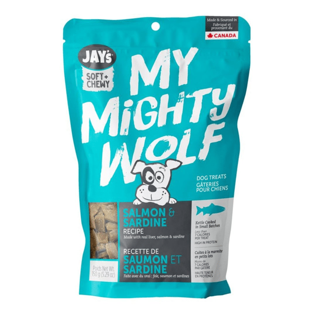 Dog treat package labeled 'My Mighty Wolf' with salmon and sardine recipe on a white background from Harmony Pet supplies Scarborough