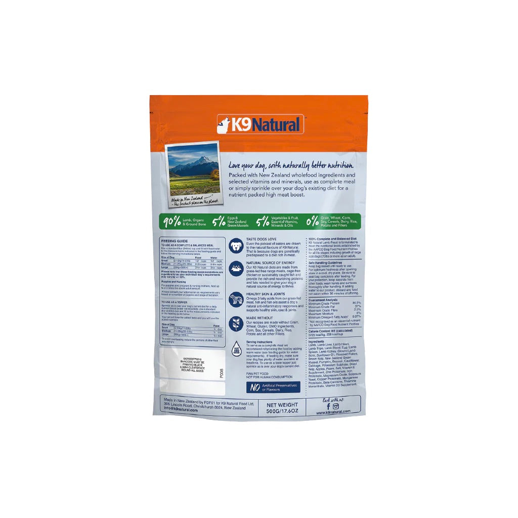 K9 Natural pet food back side of package on a white background